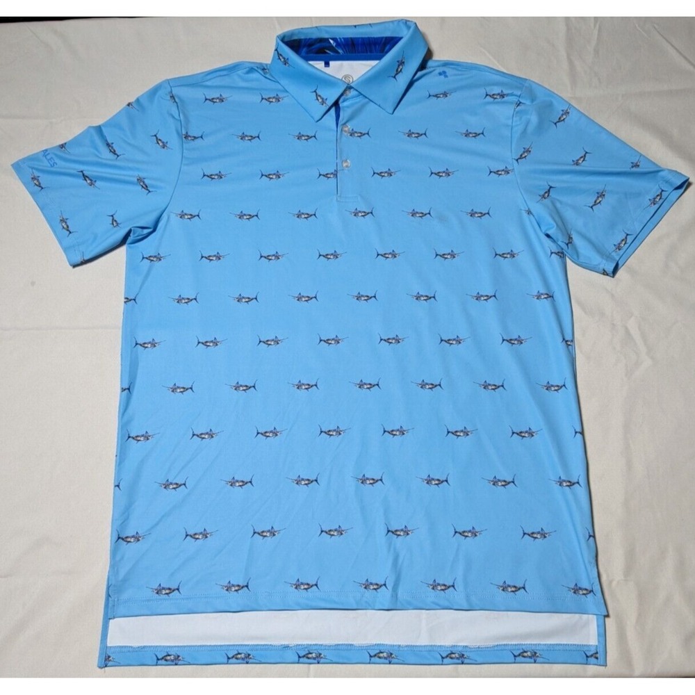 SCALES Men Large Blue Marlin AOP Tropical Performance Polo